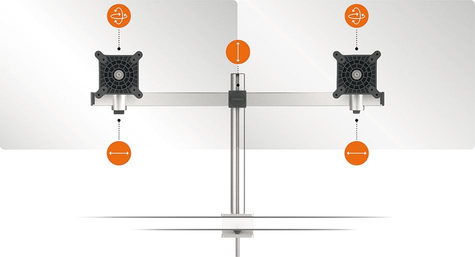 Monitorhalter Durable 508523, für 2 Monitore 21-27 Zoll bis je 8 kg,
höhenverstellbar, Querstrebe, Tischklemme,
silber metallic