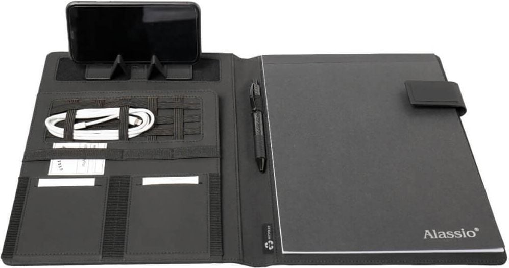 Konferenzmappen Alassio RPET 46221, Schreibmappe für A4, Handy- und
Tabletaufsteller, Magnetverschluss,
recyceltes PET, anthrazit