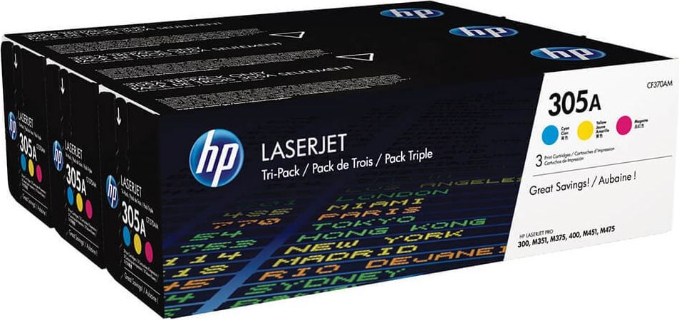 HP Lasertoner CF370AM Nr. 305A, Kombipack, je 1 x cyan, magenta, yellow