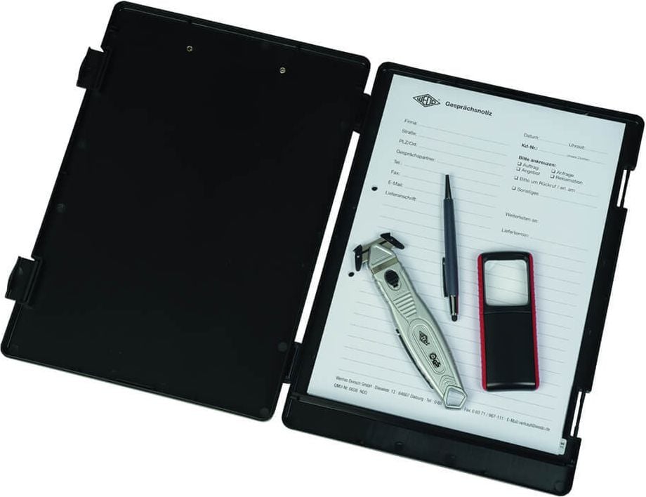Klemmbretter Wedo 575001, A4, Kunststoff, Metallklemme kurze Seite,
Innenfach, schwarz, schwarz