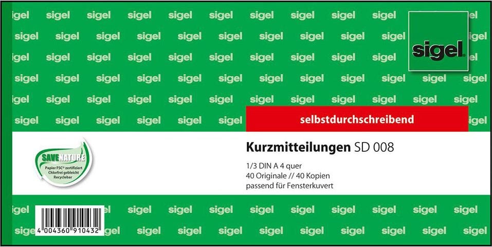 Kurzmitteilung Sigel SD008, 21x10,5cm (1/3-DIN A4),
selbstdurchschreibend, Block 2x40 Blatt