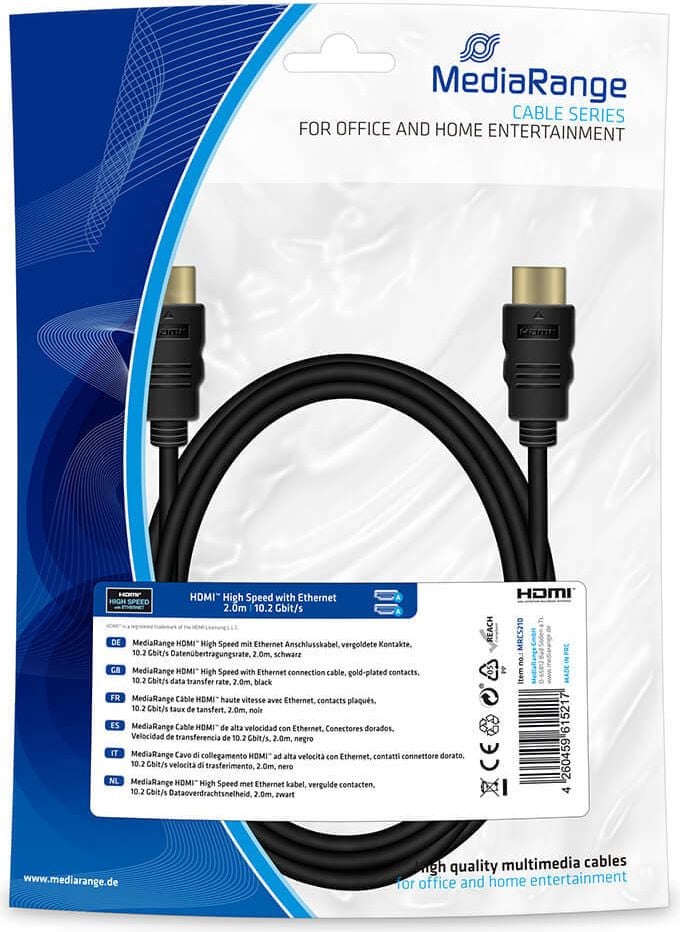 Monitorkabel MediaRange HDMI-Kabel High Speed MRCS210, HDMI High Speed mit Ethernet, 10,2 Gbit/s
Datenübertragungsrate, Kabellänge 2 m,
schwarz