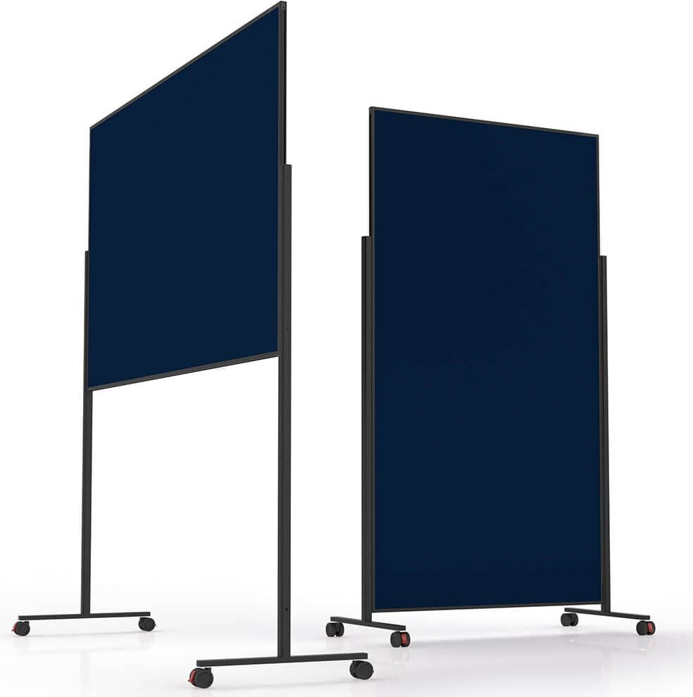 Moderationstafeln Magnetoplan Design VarioPin 11812, Tafel: 180x100cm, einteilig, pinnbarer
Filz farbig, Aluminiumrahmen (schwarz),
Standfuß mit Rollen, dunkelblau