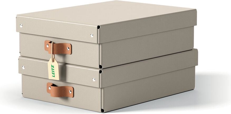 Aufbewahrungsbox Leitz Puro klein, 7 Liter, 200x150x280mm, mit Deckel, 100%
Recyclingkarton, Pack 2 Stück, beige