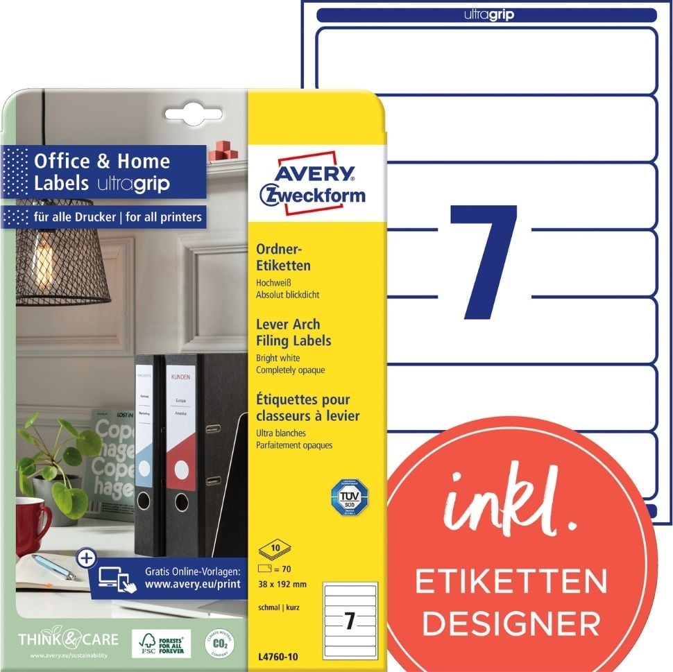 Rückenschilder Zweckform L4760-10 ultragrip, schmal/kurz, 192x38mm, auf A4, weiß, Pack 10
Blatt/70 Stück