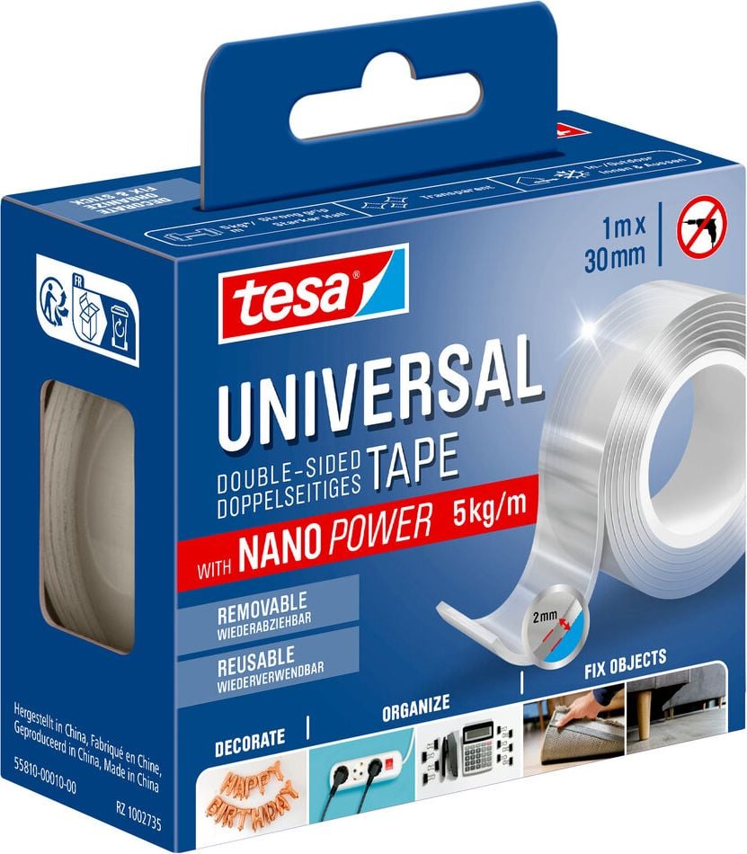 Doppelklebeband Tesa Universal double Sided Tape Nano Power, 30mm x 1m, starke Haftung, ablösbar,
wiederverwendbar, für innen und außen