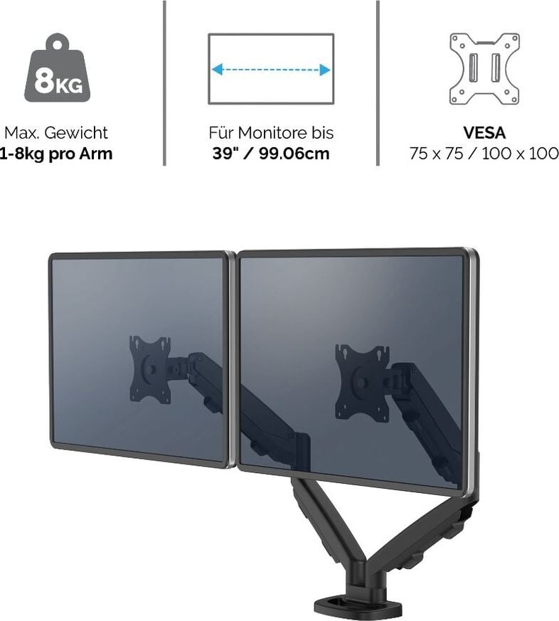 Monitorhalter Fellowes Eppa Doppel Monitorarm Set, Erweiterungsset für Eppa Einzelarm, 1 Arm,
Tragfähigkeit bis zu 8kg pro Arm, höhen- und
tiefenverstellbar, Doppel-Klemmhalterung, silber