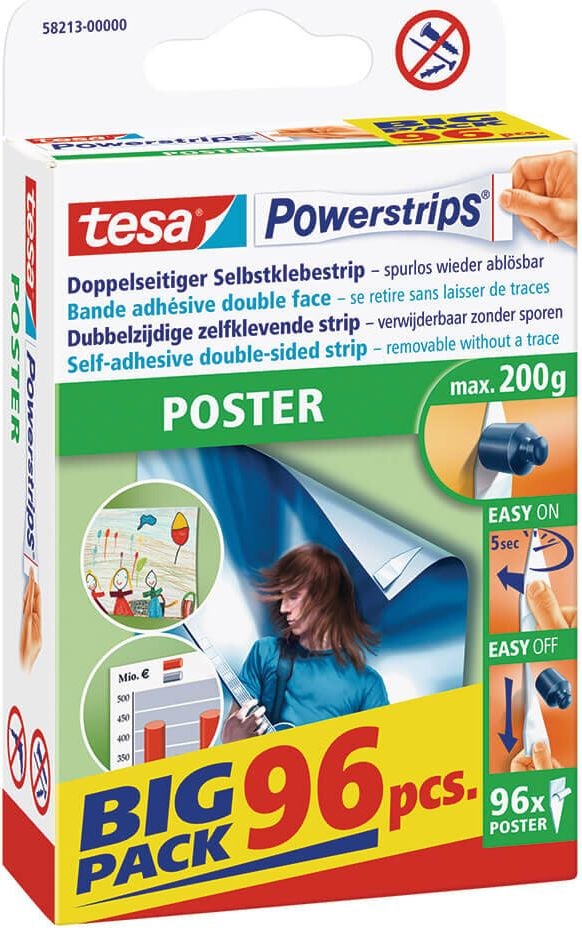 Powerstrips Tesa Poster Big Pack 58213-00000-02, Haftkraft bis 200g, ablösbar, Pack 96 Stück