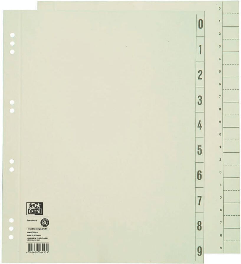 Trennblätter Oxford 06453/400004663, A4, gelocht, Karton 230 g/m², chamois, Pack
100 Stück