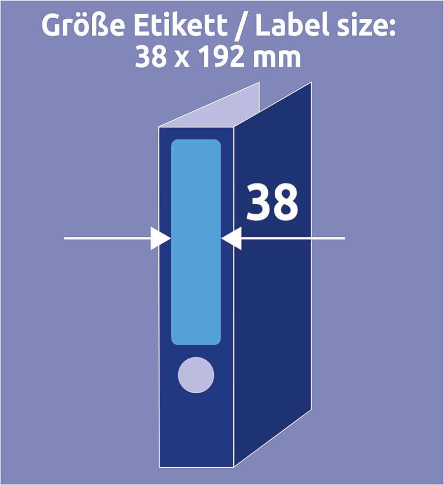 Rückenschilder Zweckform L4763-20 ultragrip, schmal/kurz, 192x38mm, auf A4, blau, Pack 20
Blatt/140 Stück