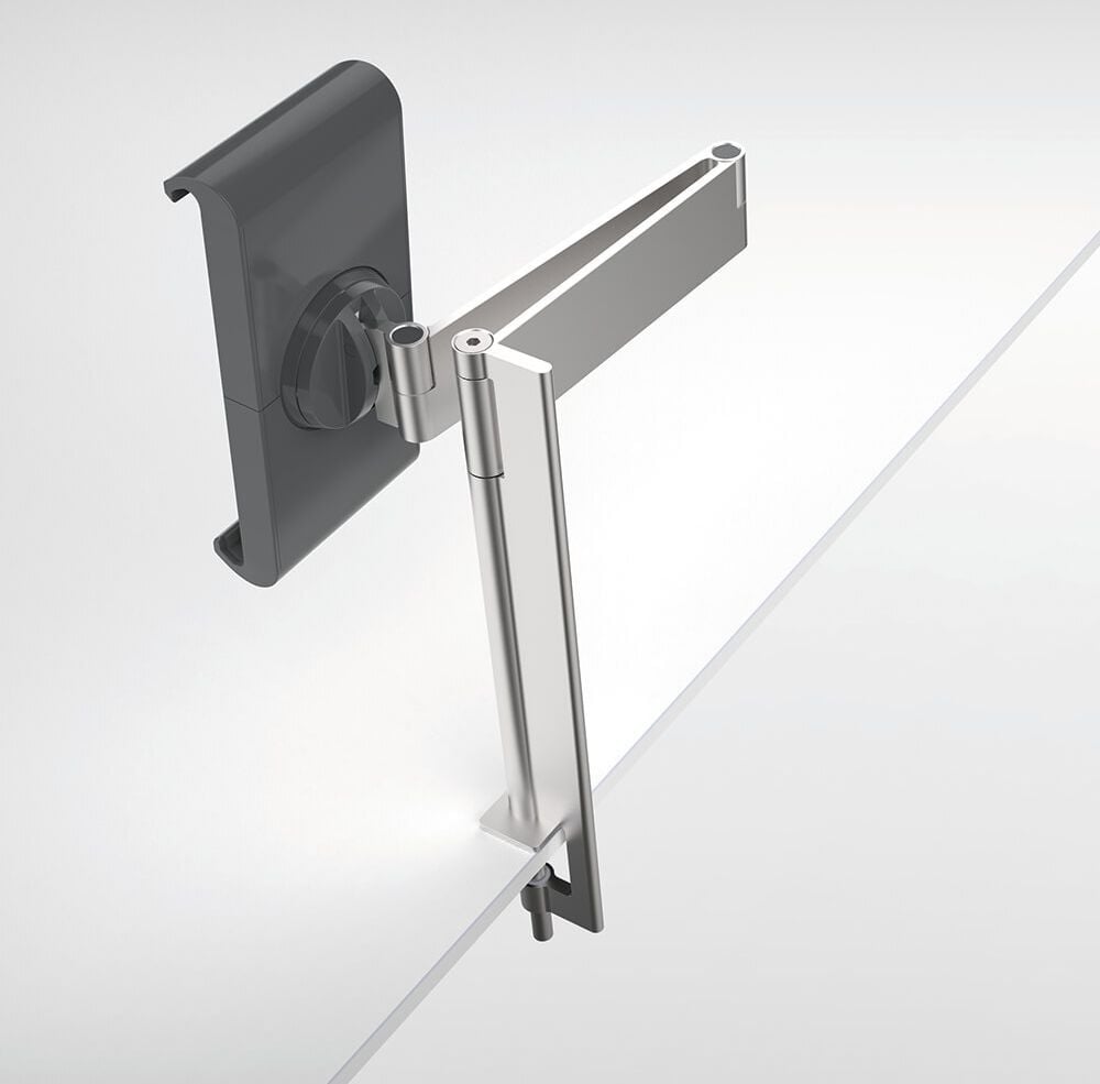 Tablethalterung Durable Tablet Holder Table Clamp 8931-23, für 7-13 Zoll Tablets im Hoch- und
Querformat, Tischklemme, drehbar, neigbar, schwenkbar, silber