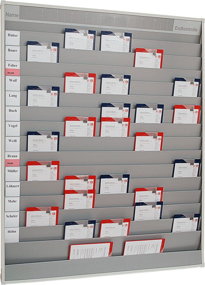 Werkstattplaner Eichner 9019-00590, für 75 x A4, 1580x1757x78mm (BxHxT), fünfreihig,
zusätzliches Ablagefach und Kopfleiste
(Zeitstrahl-Beschriftung), grau