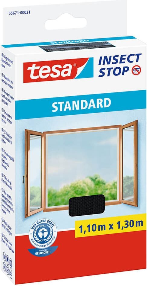 Fliegengitter Tesa Insect Stop Standard 55671, 1,1 m x 1,3 m, Klettbandbefestigung, für Fenster, anthrazit