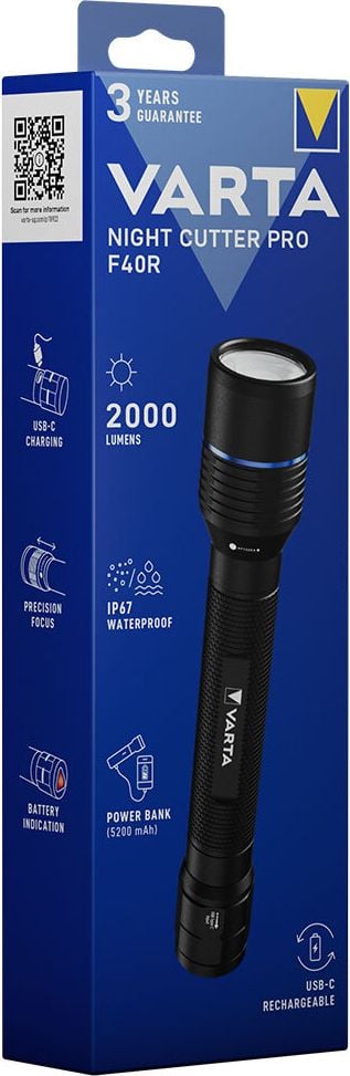 Taschenlampe Varta Night Cutter Pro F40R 18922101111, LED, 2000 Lumen, 350m Leuchtweite, 5 Leuchtstufen, USB-C Anschluss, inkl. Li-Ion Akku, schwarz