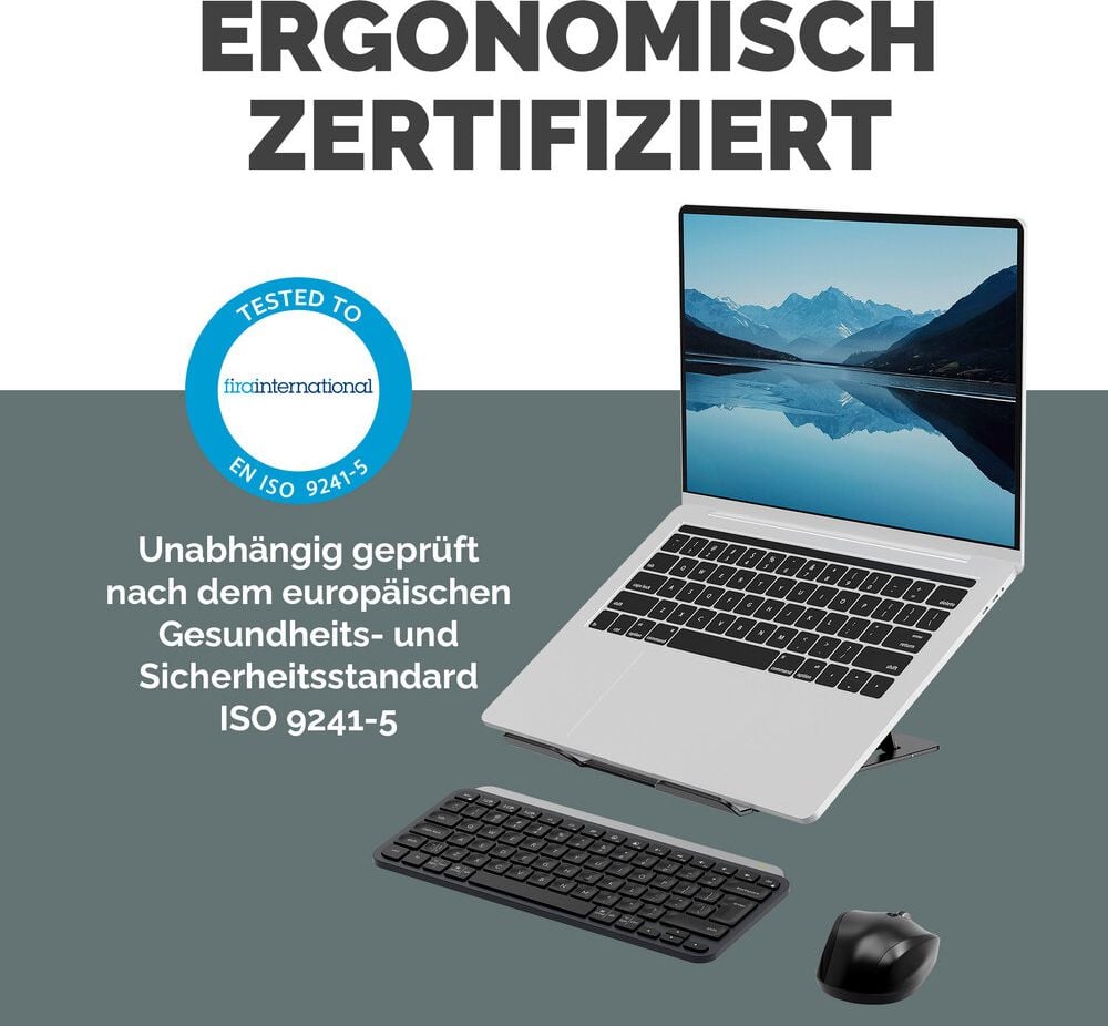 Notebookständer Fellowes Alumia, bis 15 Zoll Notebooks, flach zusammenklappbar,
6 stufig höhenverstellbar, 93% recyceltes Material, Aluminium, schwarz