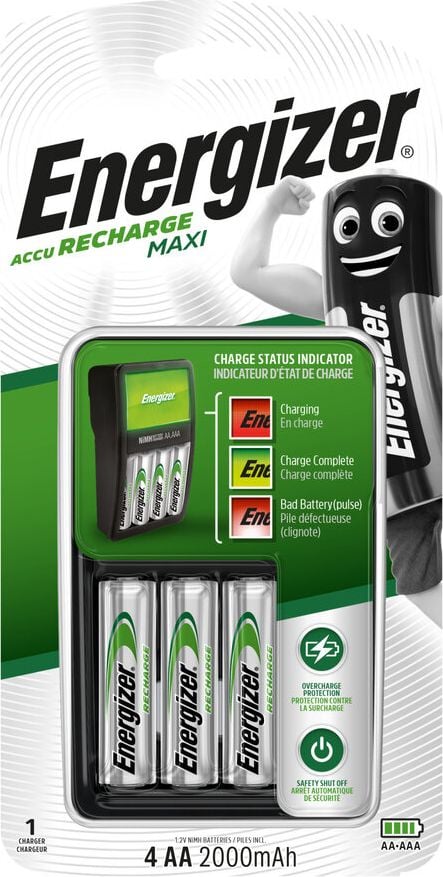Akkuladegerät Energizer Maxi Charger, für Micro- und Mignon-Akkus, LED-Anzeige,
inkl. 4 Batterien (NiMH AA)