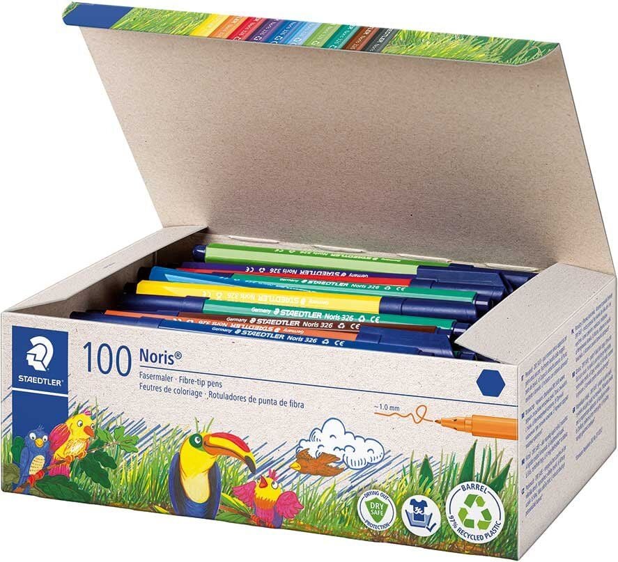 Fasermaler Staedtler 326 C100, ca. 1mm, Schulbox mit 100 Stück, aus 97%
recyceltem Plastik
