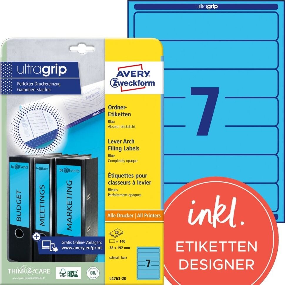 Rückenschilder Zweckform L4763-20 ultragrip, schmal/kurz, 192x38mm, auf A4, blau, Pack 20
Blatt/140 Stück