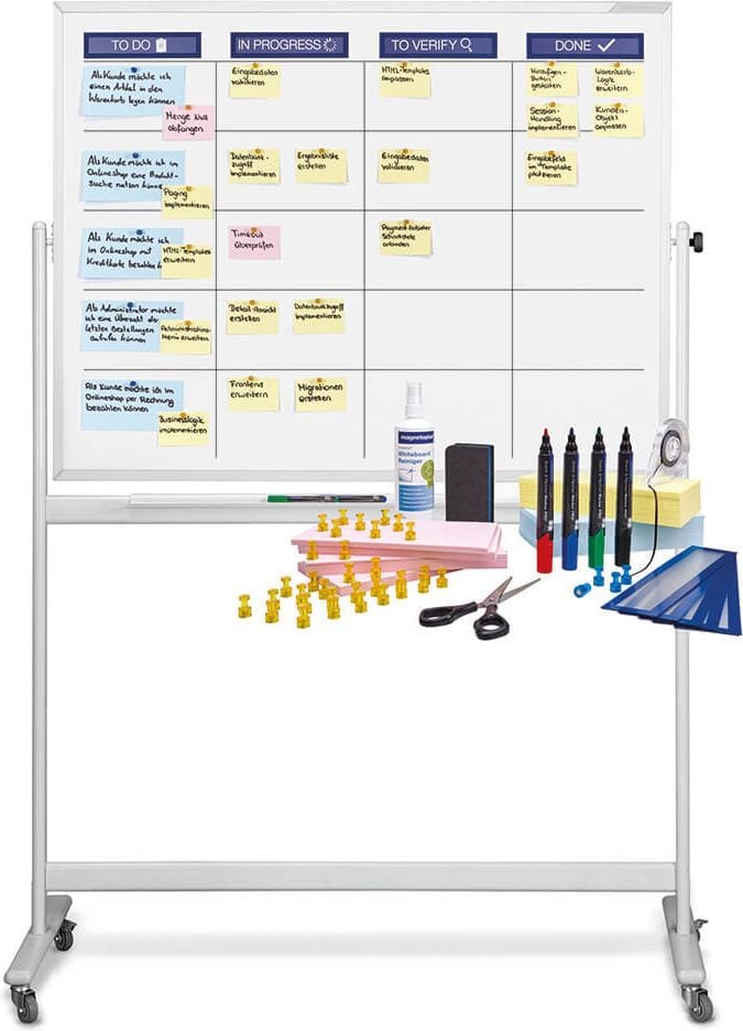 Scrumboard Magnetoplan mobil Standard-Set 1240499, 90x120cm, lackiert, magnethaftend, inkl.
Planungs-Zubehör für Teams bis 5 Personen