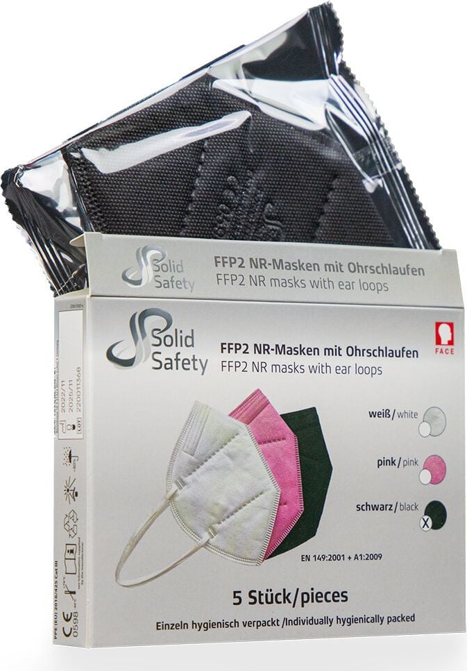 Atemschutzmaske Solid Safety FFP2 NR EN 149:2001+A1:2009, Einwegmaske, ohne Ventil, mit Ohrschlaufen, flach gefaltet, einzeln foliert, schwarz, Pack 5 Stück, schwarz