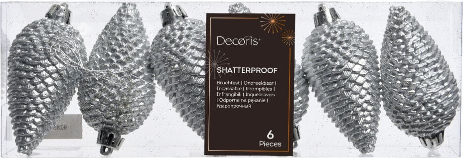 Weihnachtskugeln DECORIS Zapfen, 4,5x8cm (DxH) Polystyrol, Pack 6 Stück, silber
