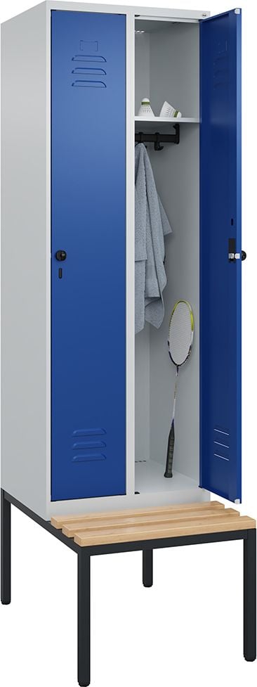 Spind CP Classic PLUS Garderobenschrank 0800507-20, 60x212x50/81,5cm (BxHxT), mit untergebauter
Sitzbank, 1-stöckig, 2 Abteile je 30cm,
Drehriegelverschluss, blau
