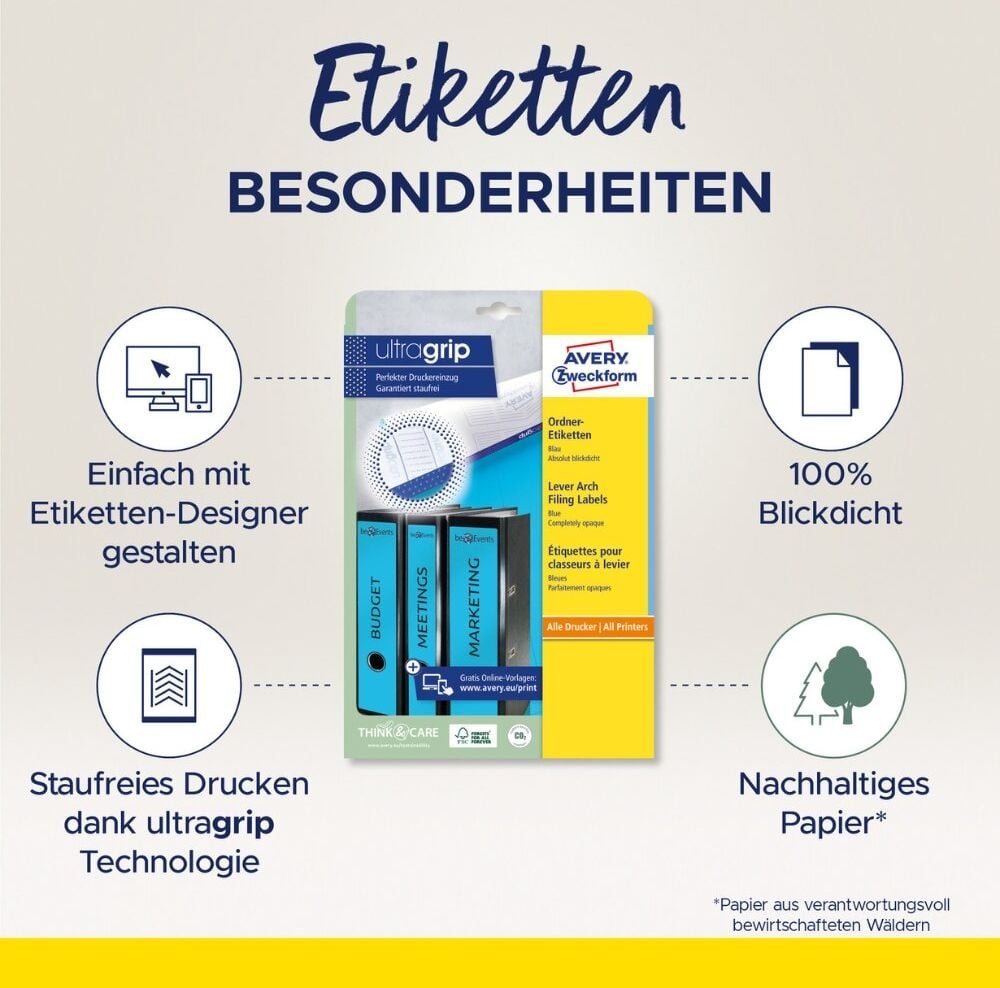 Rückenschilder Zweckform L4753-20 ultragrip, breit/lang, 297x61mm, auf A4, blau, Pack 20
Blatt/60 Stück