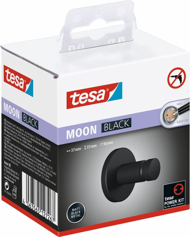 Handtuchhaken Tesa MOON BLACK 40563-00000-00, 3,7x3,7x3,6cm, Wandhaken einzeln, 5kg Haltekraft, mattschwarz pulverbeschichtetes Metall