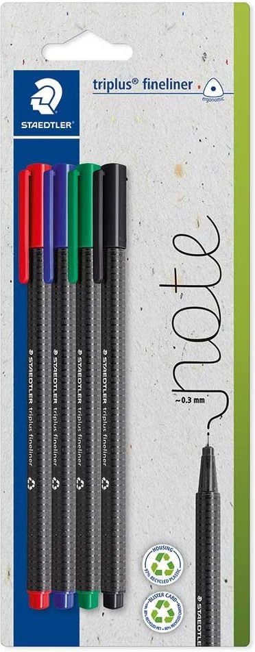 Fineliner Staedtler Triplus 334-S BK4, ca. 0,3 mm, Dreikantschaft, Gehäuse 97% recyceltes Plastik, Blister mit 4 Farben