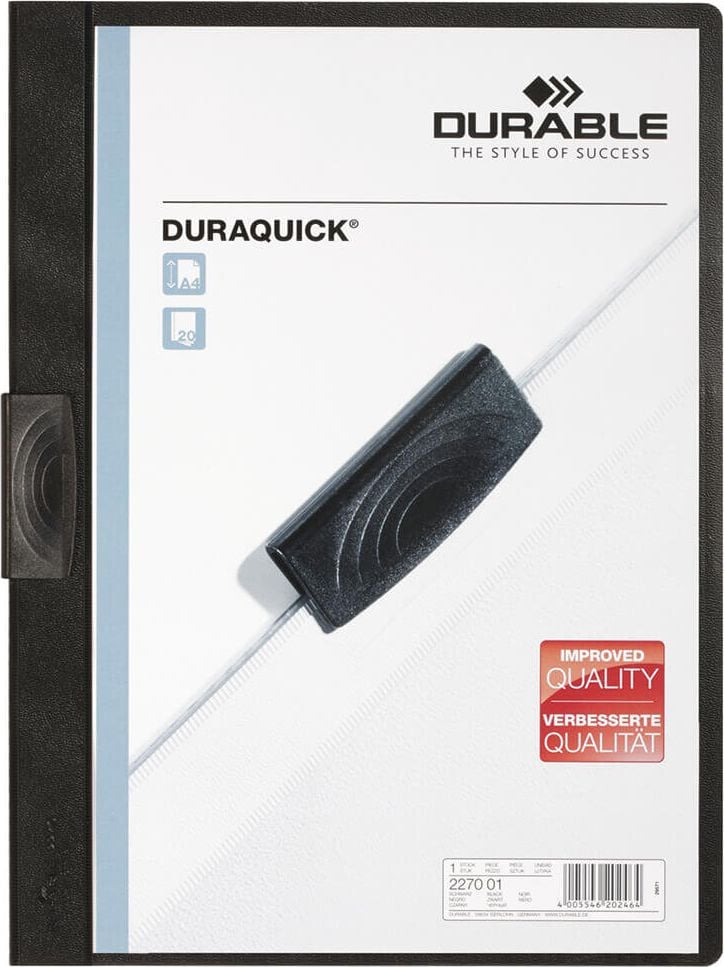 Klemmhefter Durable DURAQUICK 2270, für 20 Blatt, Kunststoffclip, transparenter
Vorderdeckel, farbiger Rückdeckel, hellblau