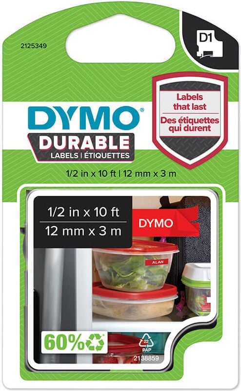 Schriftbänder Dymo D1 1978366, weiß auf rot, 12mm/3m, Vinylband
