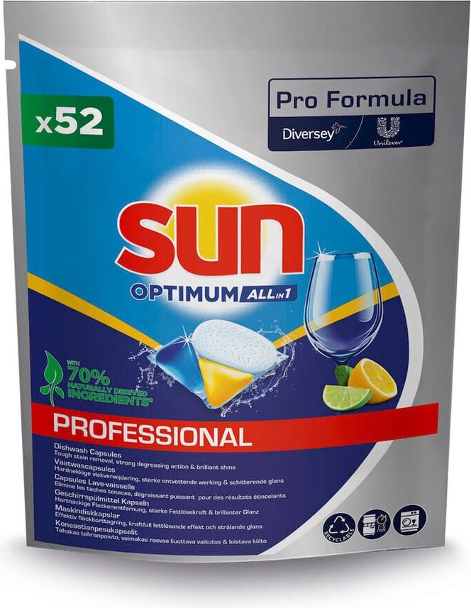 Spülmaschinentabs Sun Professional Optimum All in 1, Pack 52 Tabs, mit Klarspüler und Salz