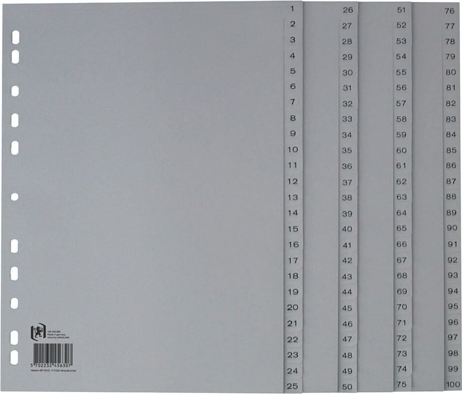 Registerserie Oxford A4 100-teilig 100204663, A4 volle Höhe, Zahlen, Ablauf 1-25, 26-50,
51-75, 76-100, PP, grau