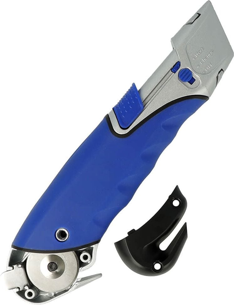 Cutter Westcott Safety-Cutter E-84043 00 19mm, 19mm Trapezklingen, Aluminiumgehäuse,
automatischer Klingenrückzug, inkl.
Folienschneider, silber/blau