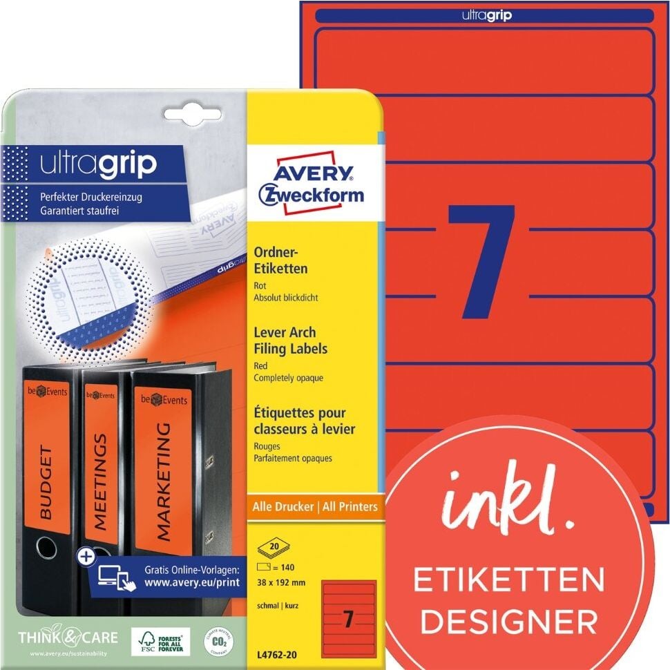 Rückenschilder Zweckform L4762-20 ultragrip, schmal/kurz, 192x38mm, auf A4, rot, Pack 20
Blatt/140 Stück