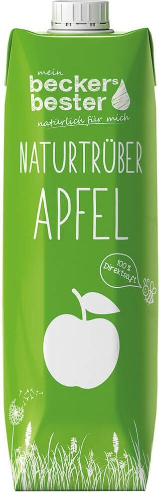 Apfelsaft beckers bester trüb, 100% Fruchtgehalt, frei von Farb- und
Konservierungsstoffe, ohne Zusatz von Zucker,
Einweg, Pack 6 Stück à 1 Liter