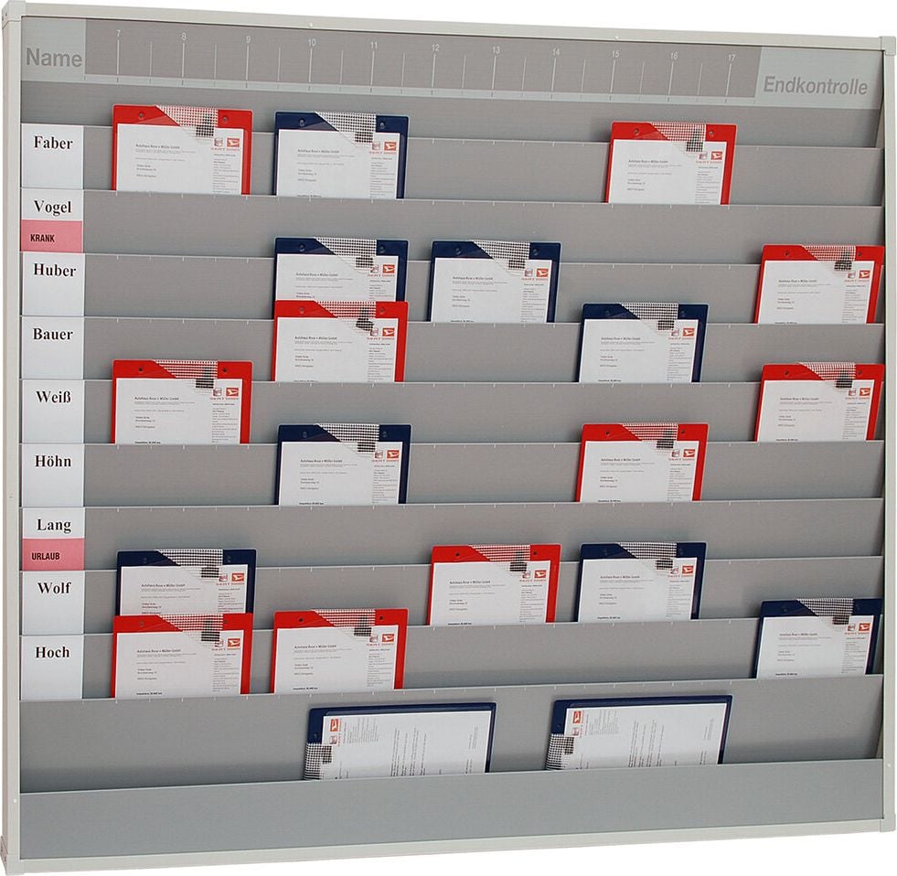 Werkstattplaner Eichner 9019-00589, für 50 x A4, 1580x1282x78mm (BxHxT), fünfreihig,
zusätzliches Ablagefach und Kopfleiste
(Zeitstrahl-Beschriftung), grau