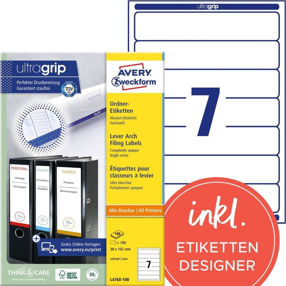 Rückenschilder Zweckform L4760-100 ultragrip, schmal/kurz, 192x38mm, auf A4, weiß, Pack
100 Blatt/700 Stück