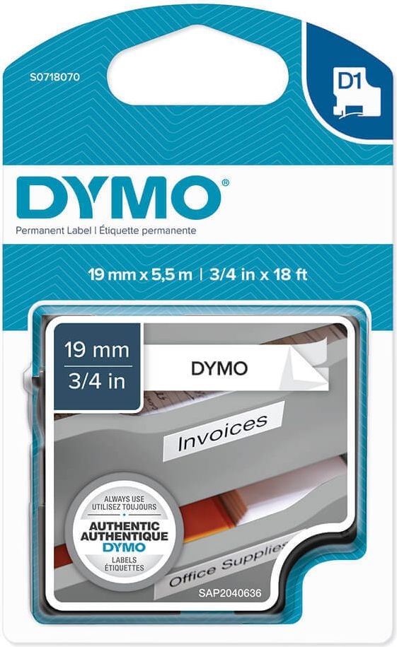 Schriftbänder Dymo D1 16956/S0718070, schwarz auf weiß, 19mm/5,5m, Polyesterband