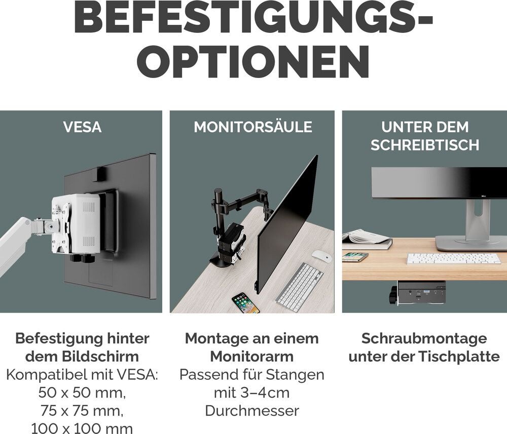 Computerhalterung Fellowes VESA Thin Client Holder, für Client oder CPU, max. Tragkraft 5 kg,
17-70mm, Befestigung an Monitorarm oder
Schreibtisch, weiß