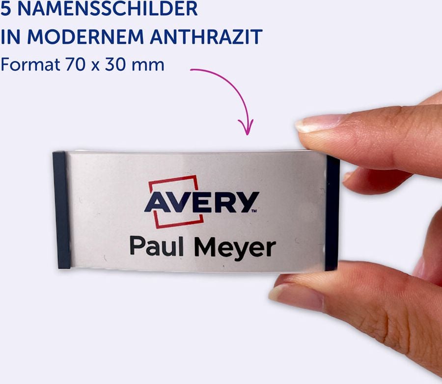 Namensschilder Avery Zweckform POL30MA02-5DR, 70x30mm, verdrehsicher, Doppelmagnet, anthrazit, Pack 5 Stück