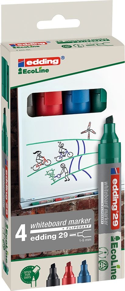 Boardmarker Edding 29/4S EcoLine Whiteboardmarker, ca. 1-5mm, Keilspitze, Etui mit 4 Farben, Gehäuse 90% recycelter Kunststoff