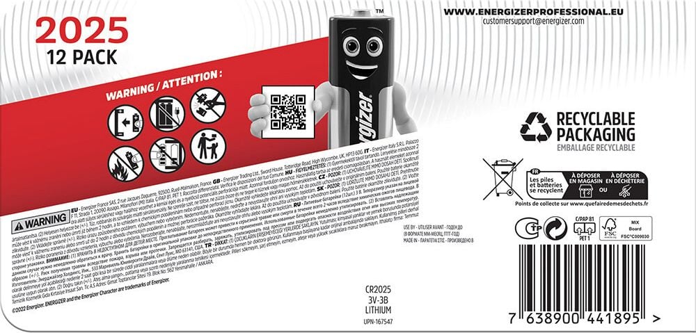 Knopfzellen Energizer Lithium CR2025, 3 Volt, frei von Quecksilberzusatz, Pack 12 Stück