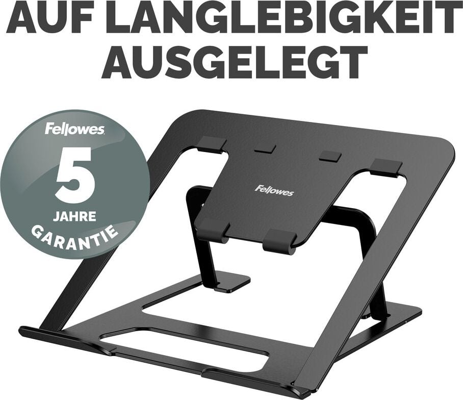 Notebookständer Fellowes Alumia, bis 15 Zoll Notebooks, flach zusammenklappbar,
6 stufig höhenverstellbar, 93% recyceltes Material, Aluminium, schwarz