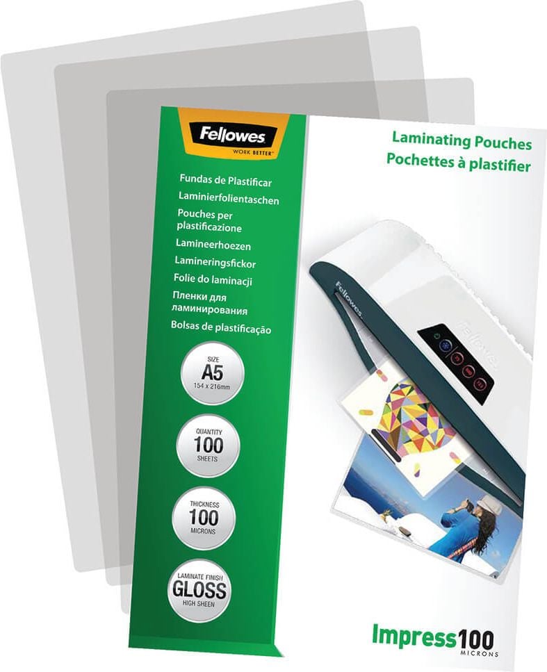 Laminierfolien Fellowes A5 5351002, 216x154mm, 100mic, glänzend, Pack 100 Stück