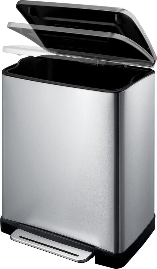 Tret-Abfallsammler EKO E-CUBE, 50 Liter, rechteckig, Kunststoff-Inneneimer,
Soft-Close-Deckel, Edelstahl matt, silber