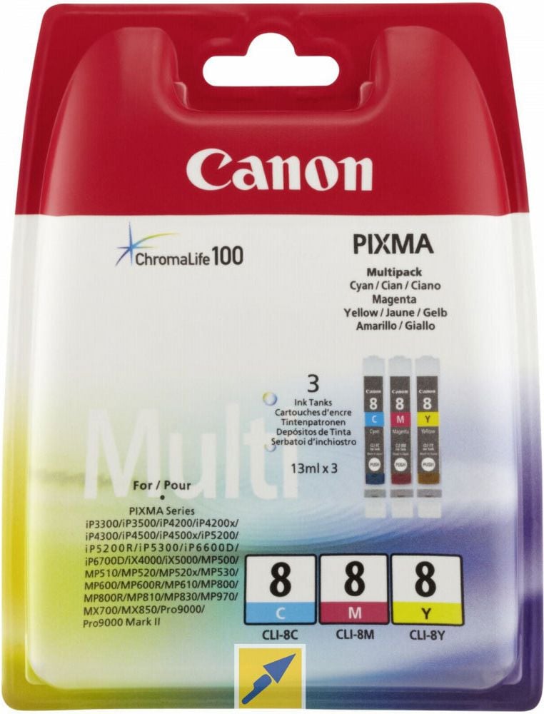 Canon Tintenpatrone CLI-8CMY, Multipack, (0621B029), je 1x cyan, magenta,
yellow