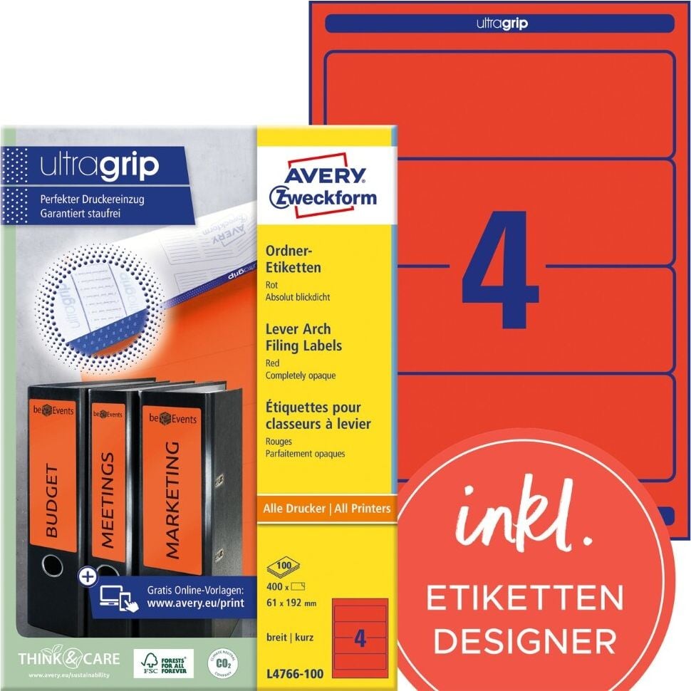 Rückenschilder Zweckform L4766-100 ultragrip, breit/kurz, 192x61mm, auf A4, rot,
Pack 100 Blatt/400 Stück