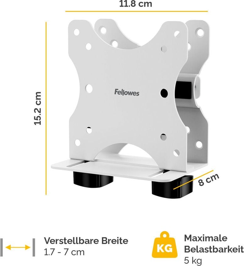 Computerhalterung Fellowes VESA Thin Client Holder, für Client oder CPU, max. Tragkraft 5 kg,
17-70mm, Befestigung an Monitorarm oder
Schreibtisch, weiß