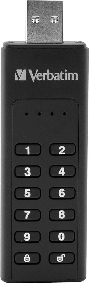 USB-Stick Verbatim Keypad Secure 49428, 64GB, USB 3.2 Gen 1 Typ A, unterstützt AES
256-Bit-Hardware-Verschlüsselung, Tastenfeld
für Zahlenpasswort-Eingabe, schwarz